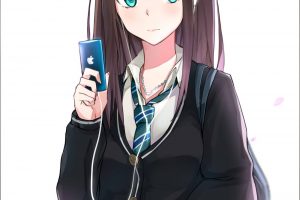 long hair, Brunette, Anime, Anime girls, THE iDOLM@STER: Cinderella Girls, THE iDOLM@STER, Shibuya Rin, Sweater, Aqua eyes, Smartphone, Headphones