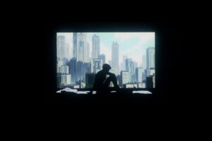 in bed, Women, Ghost in the Shell, Kusanagi Motoko, Cityscape, Bed, Bedroom, Window, Black background, Futuristic, Cyberpunk