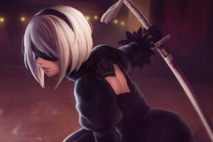 2B (Nier: Automata), Silver hair, Katana, Black dress, Nier: Automata