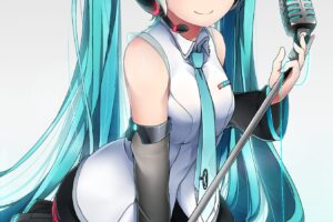 long hair, Blue hair, Blue eyes, Anime, Anime girls, Vocaloid, Hatsune Miku, Headphones, Microphone, Twintails, Skirt
