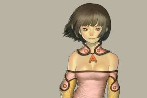 Alien1452, Kyoungseok Oh, Short hair, Bare shoulders, Artwork, Simple background, Anime girls, No bra