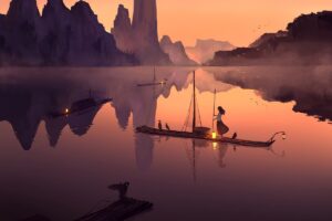anime, Boat, Water, Digital art